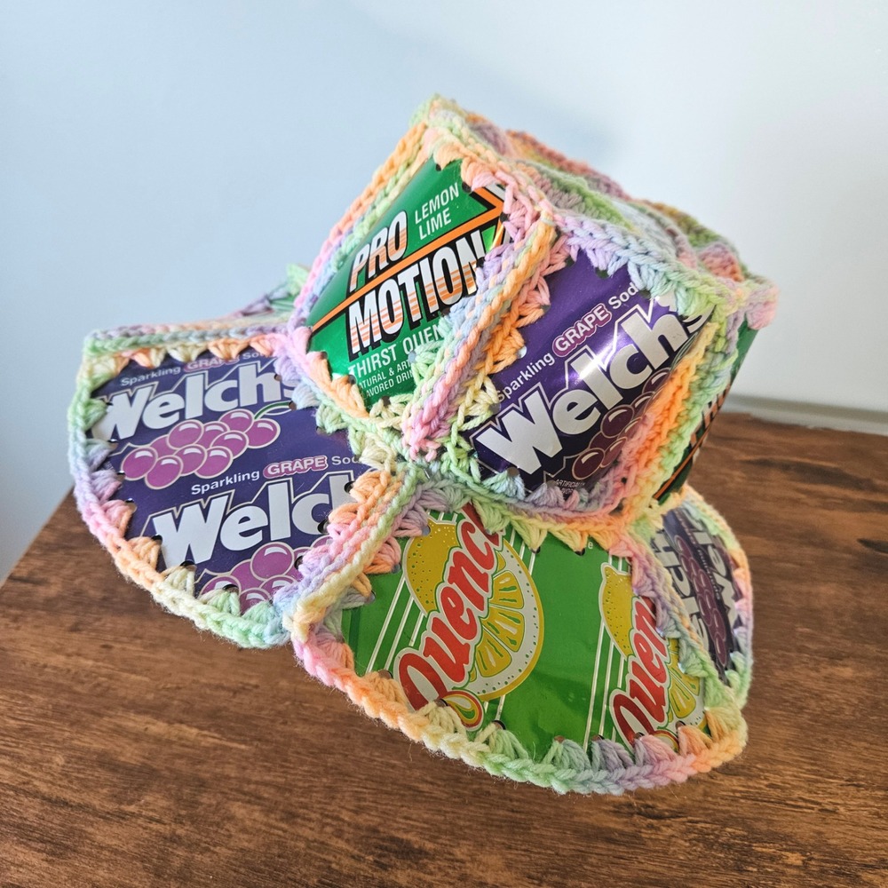 Handmade Upcycled Soda‎ Pop Can Bucket Hat Crochet Rainbow Pastel Welch's Barq's